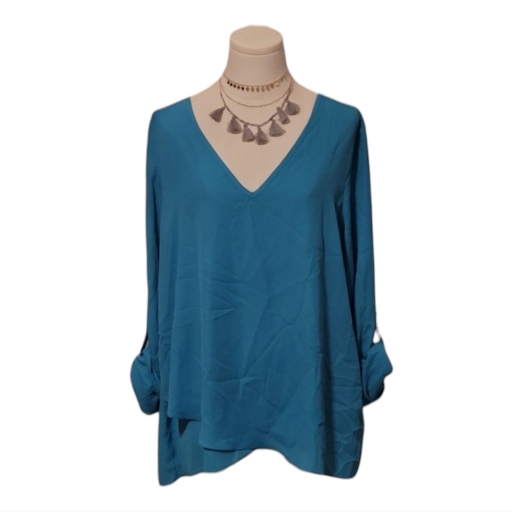 Zac & Rachel Bright Blue V-Neck Lightweight Long Sleeve Blouse Size Large